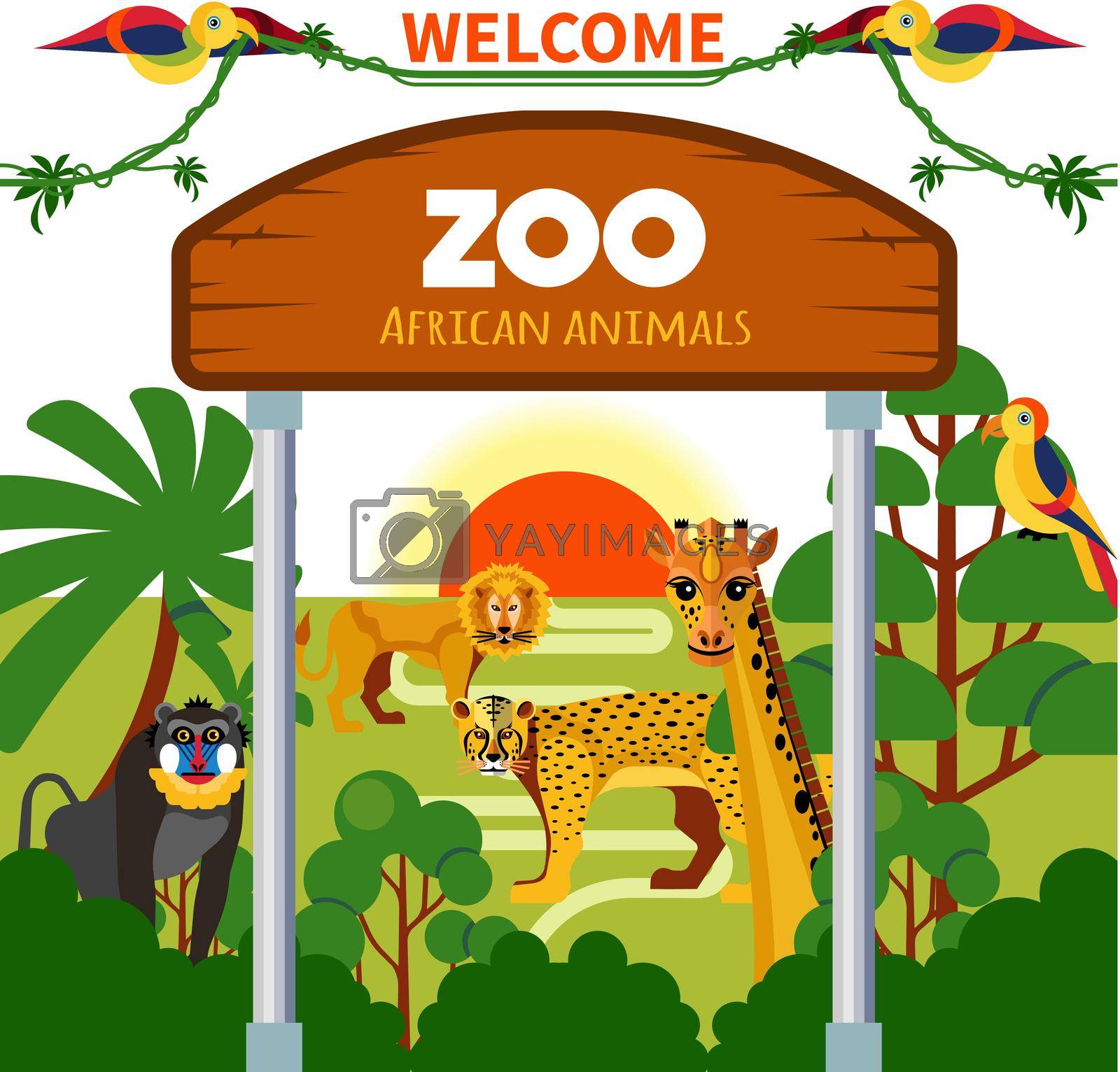 Zoo african animals with exotic birds at sunrise or sunset vector illustration