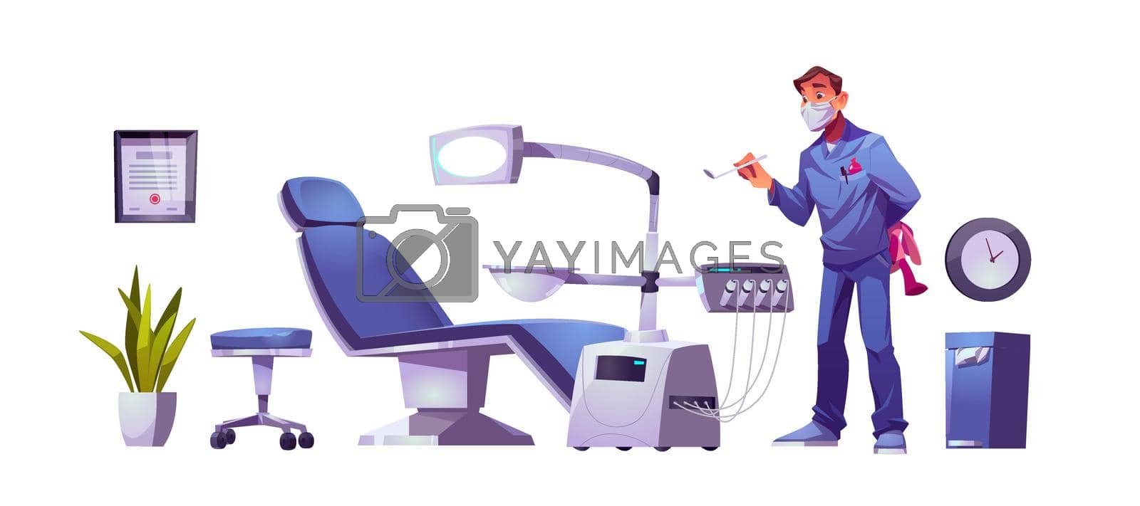 Kids dentist doctor in dental clinic stomatology cabinet, orthodontist with mirror and toy at workplace with modern chair equipped with integrated engine and surgical light cartoon vector illustration