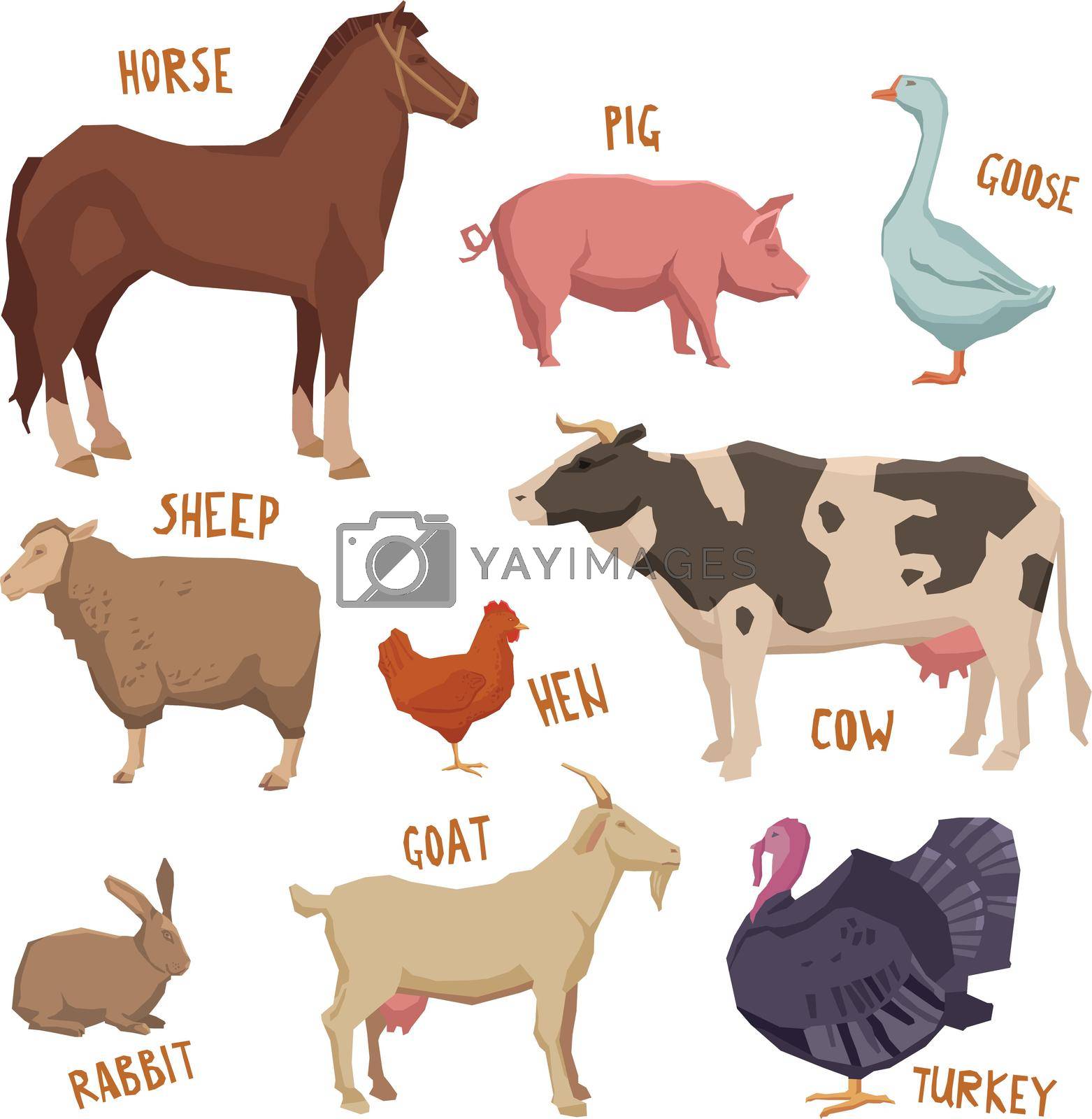 Farm animals set with horse pig sheep goat turkey isolated vector illustration