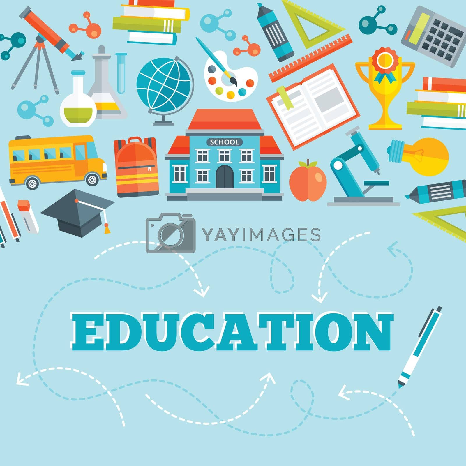 Education flat design with school building learning tools bus and inscription below on blue background vector illustration