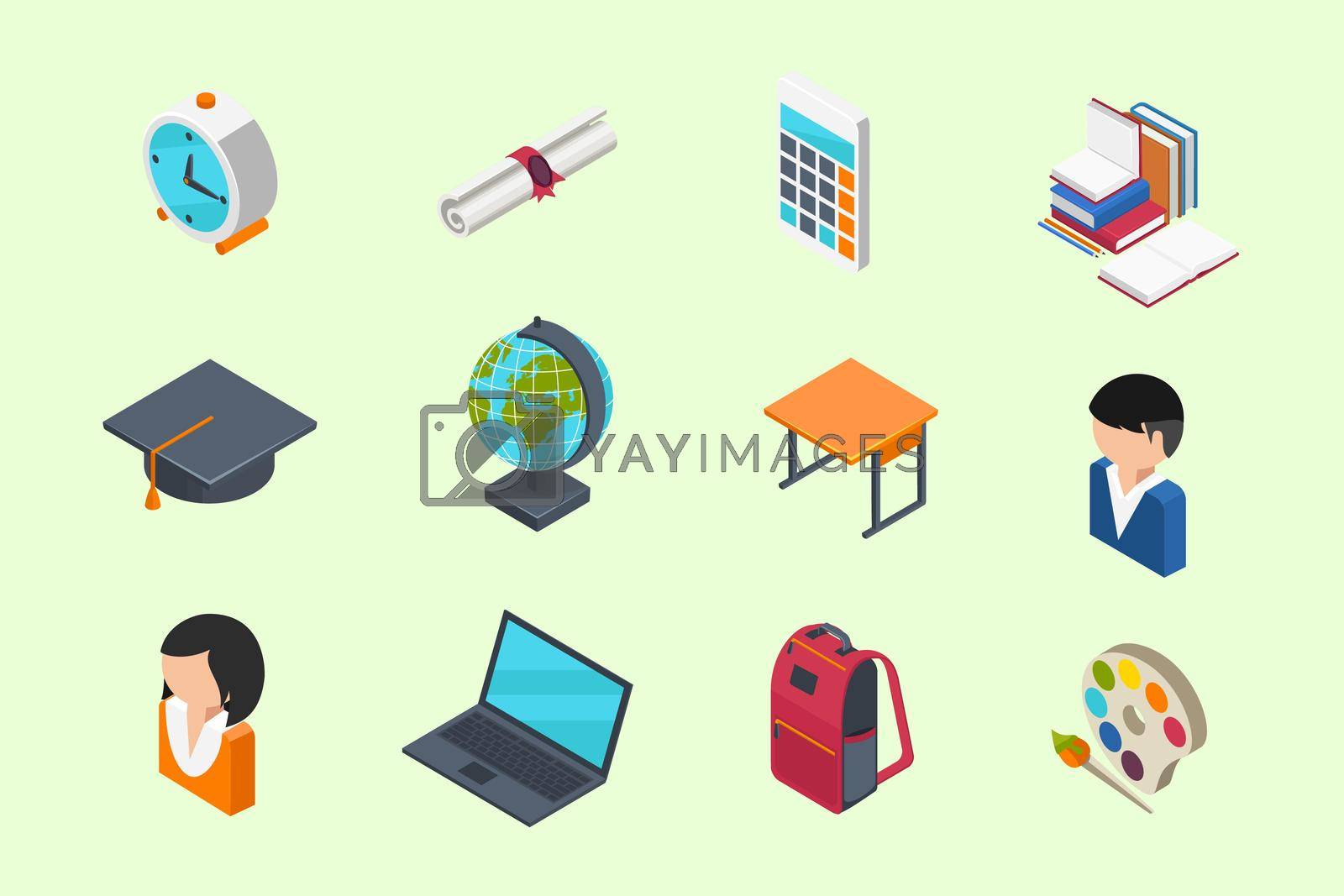 Education and School isometric 3d icons set in flat style