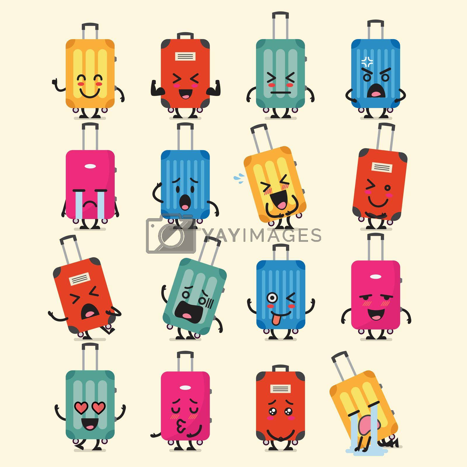 Travel luggage character emoji set. Funny cartoon emoticons