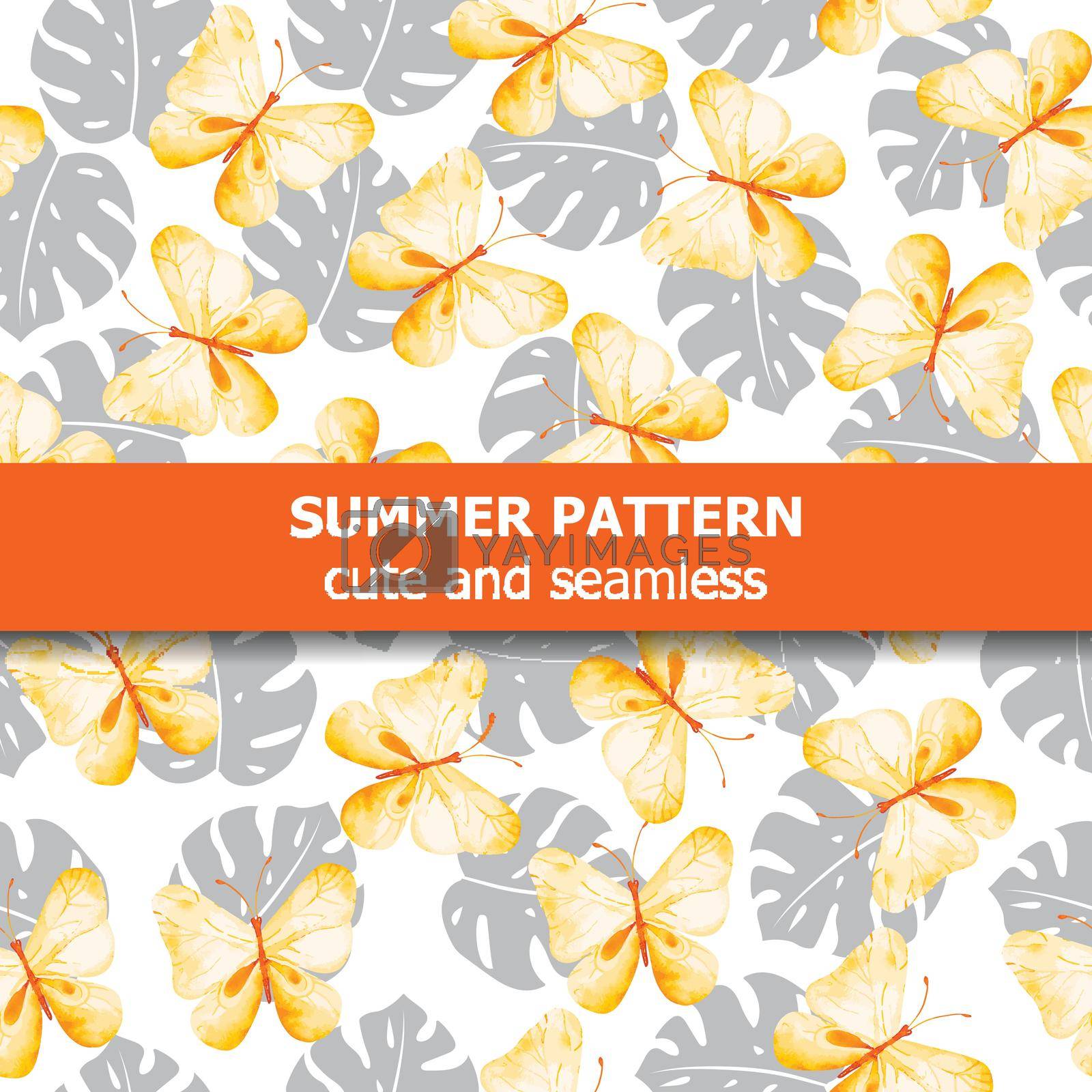 Royalty free image of Watercolor pattern with butterflies and exotic leaves. Summer banner. by balasoiu