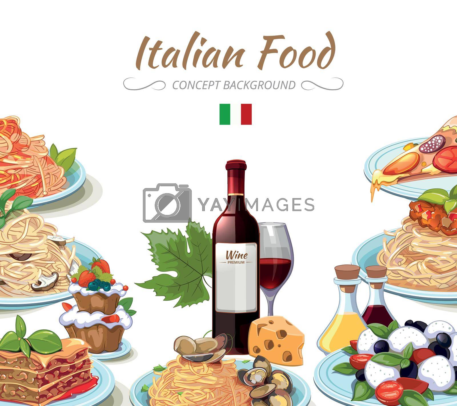 Italian cuisine food background. Cooking lunch pasta, spaghetti and cheese, oil and wine. Vector illustration