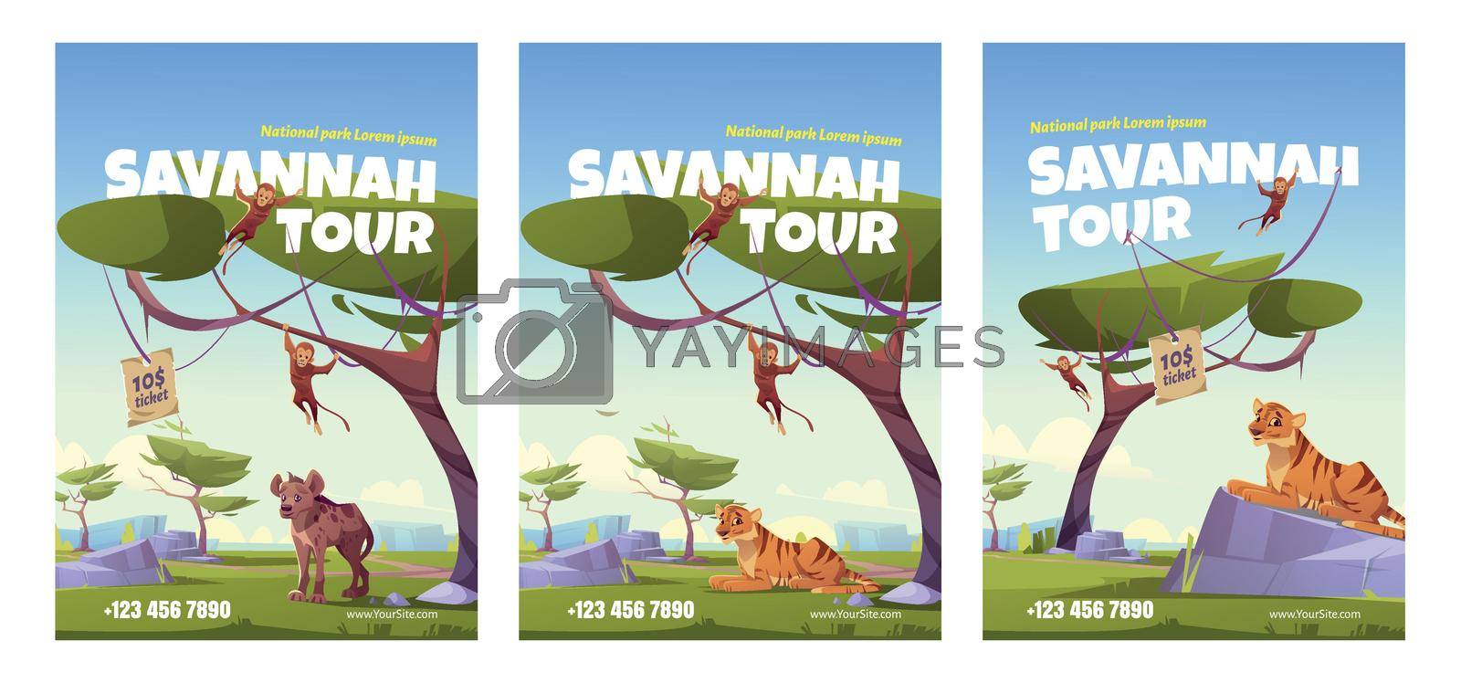 Savannah tour poster with african landscape with tiger, monkey and jackal. Vector flyer of exotic travel in savanna in Africa with cartoon illustration of wild animals in natural park