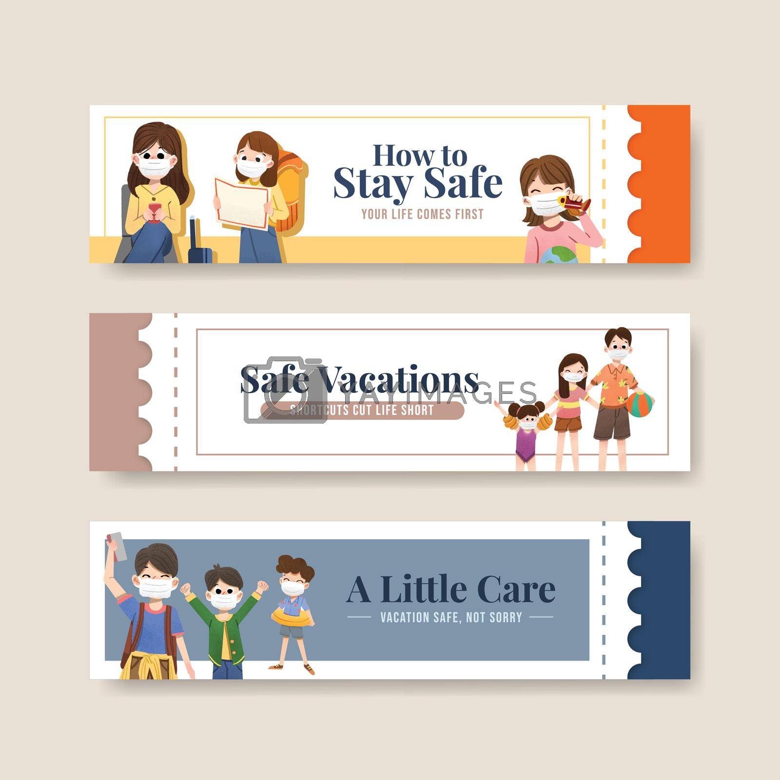 Banner template with COVID-19 prevention concept design for new normal lifestyle watercolor vector illustration.
