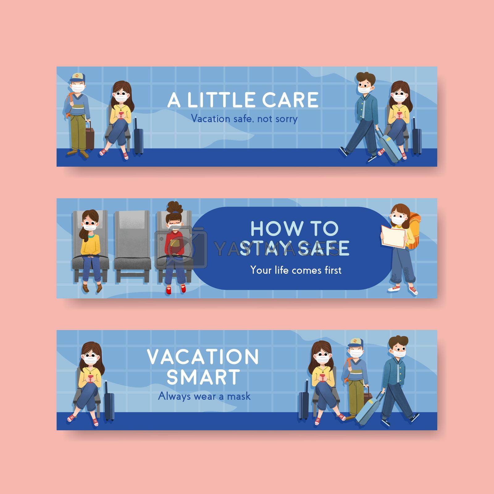 Banner template with COVID-19 prevention concept design for new normal lifestyle watercolor vector illustration.
