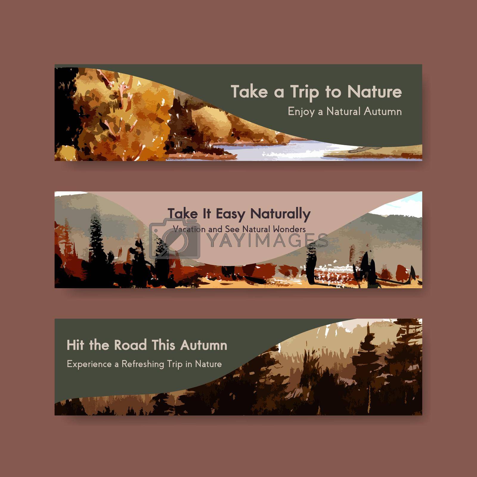 Banner template with landscape in autumn design for marketing and leaflet.Fall seasons watercolor vector illustration
