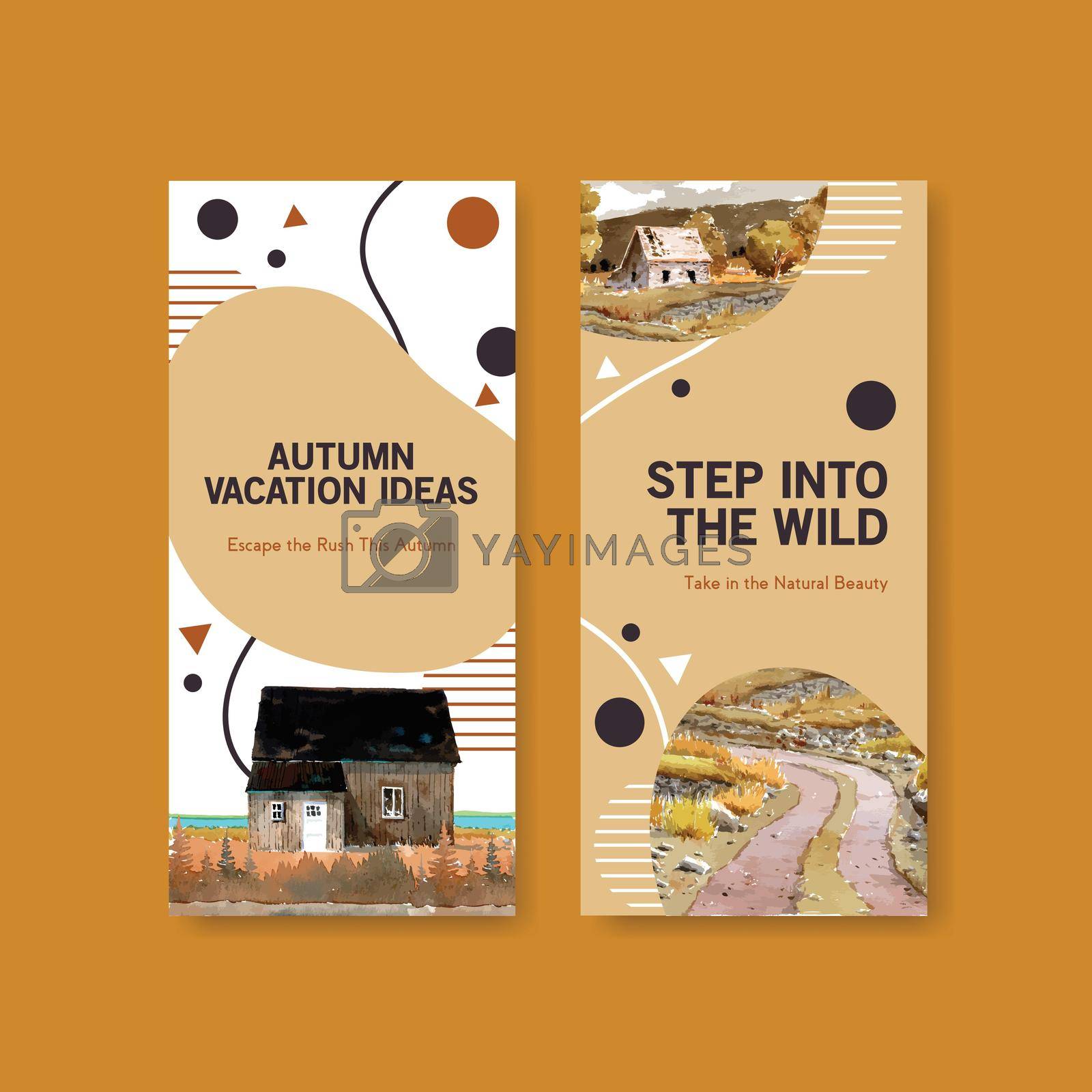 Flyer template with landscape in autumn design for brochure and leaflet.Fall seasons watercolor vector illustration
