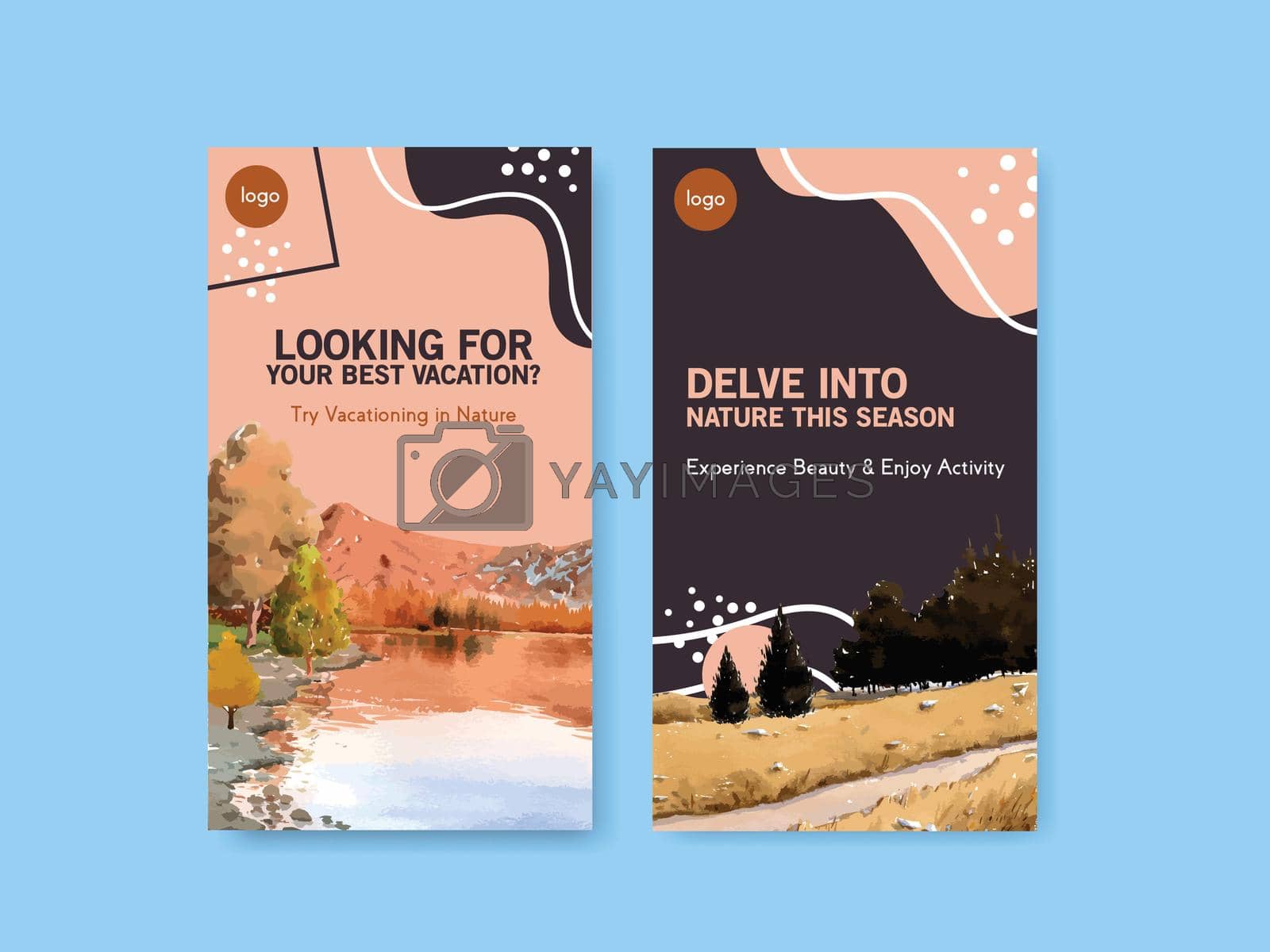 Instagram template with landscape in autumn design for digital marketing and social media .Fall seasons watercolor vector illustration
