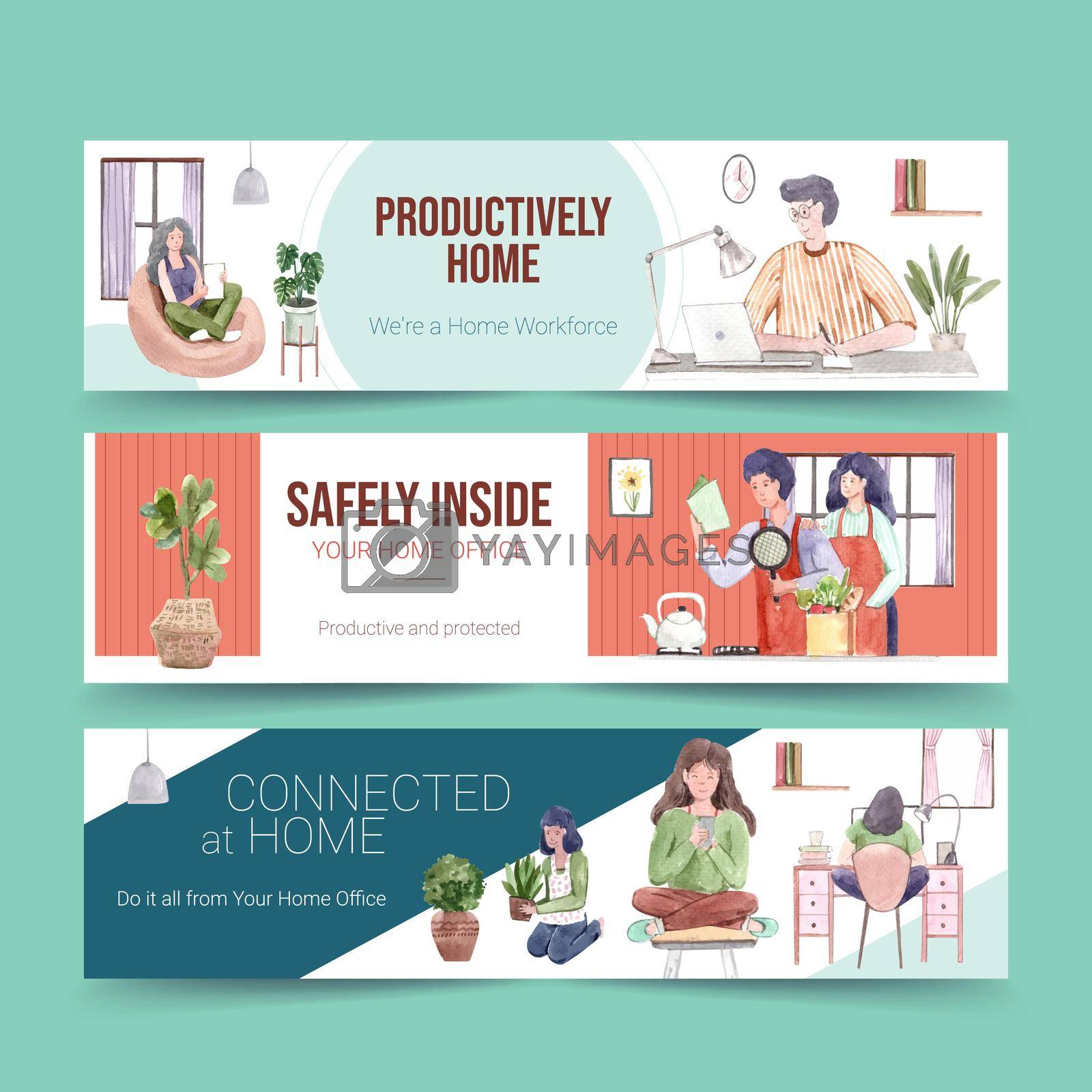 Royalty free image of people are working from home with laptops, PC at table, at sofa. Home office banner concept watercolor illustration by Photographeeasia