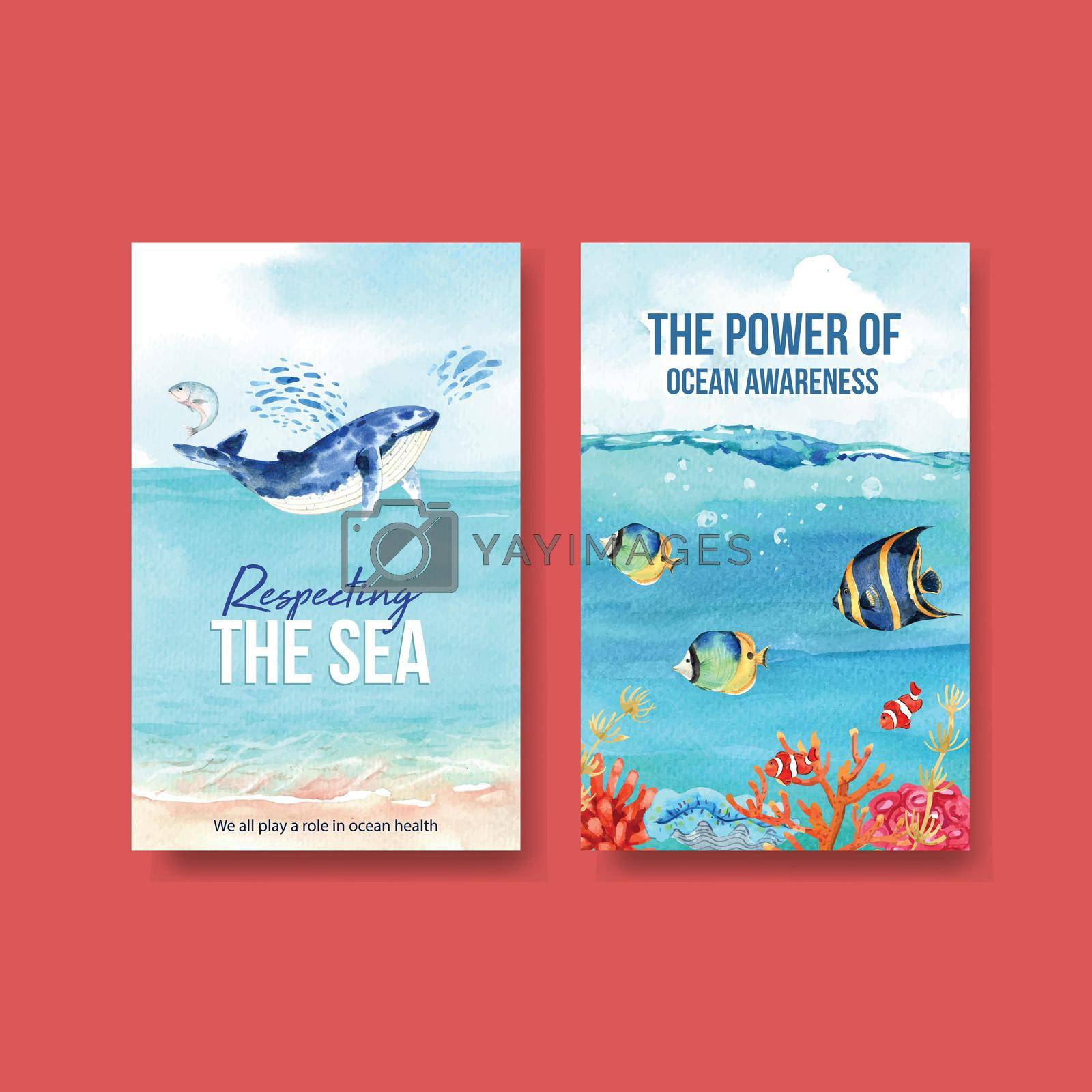 Royalty free image of Ebook template design for World Oceans Day concept with marine animals watercolor vector by Photographeeasia