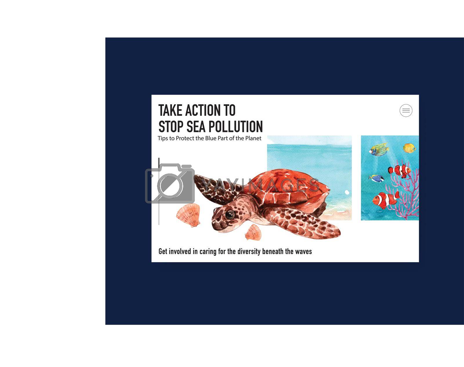 Website template design for World Oceans Day concept with marine animals watercolor vector
