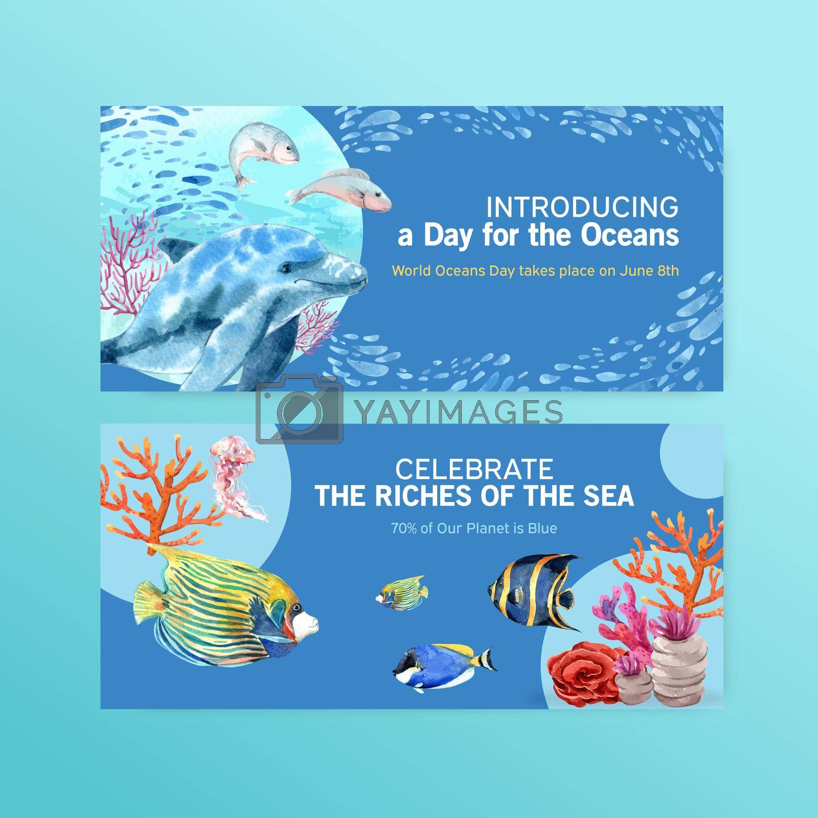Billboard template design for World Oceans Day concept with marine animals watercolor vector