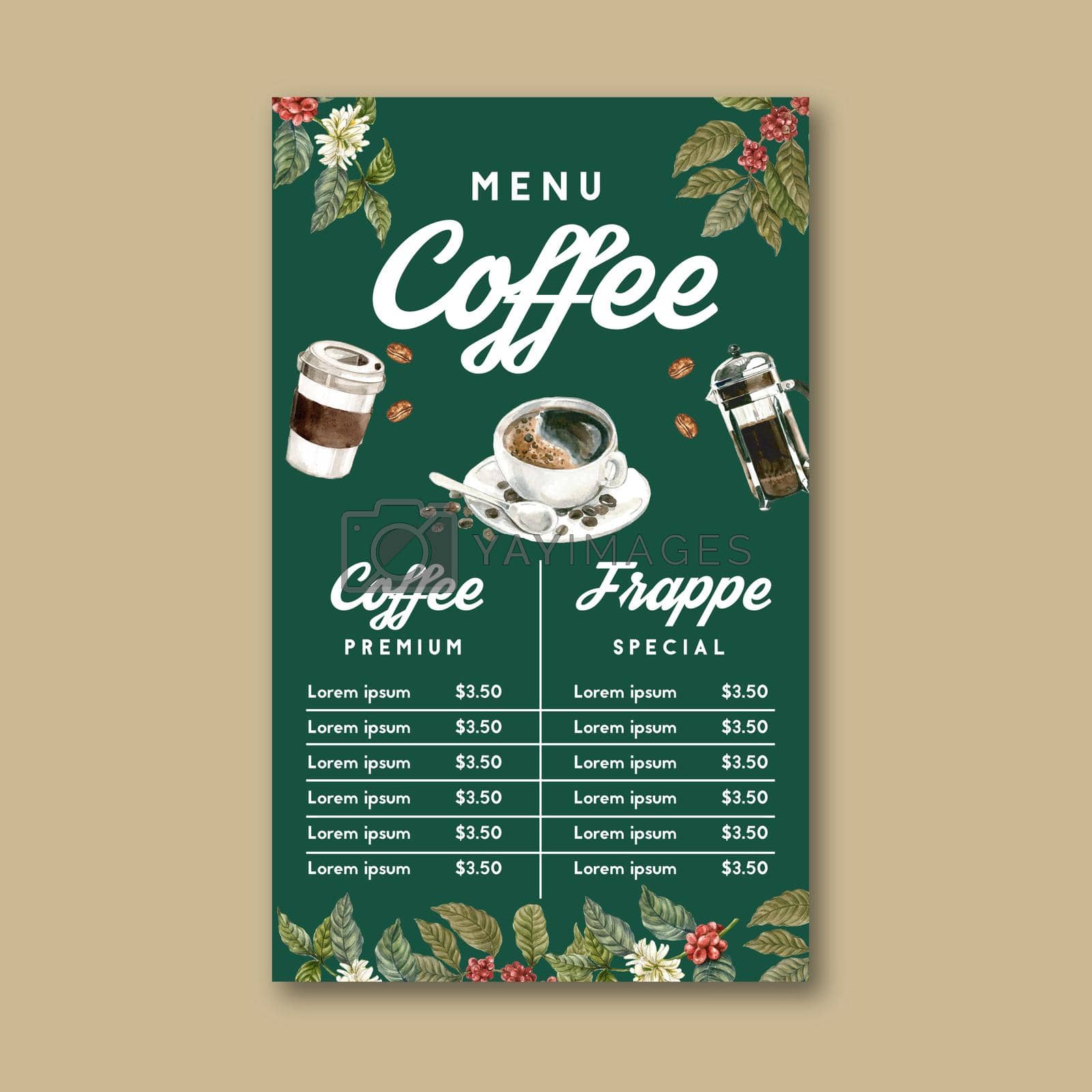 Royalty free image of coffee house menu americano, cappuccino, espresso menu, infographic design, watercolor illustration by Photographeeasia