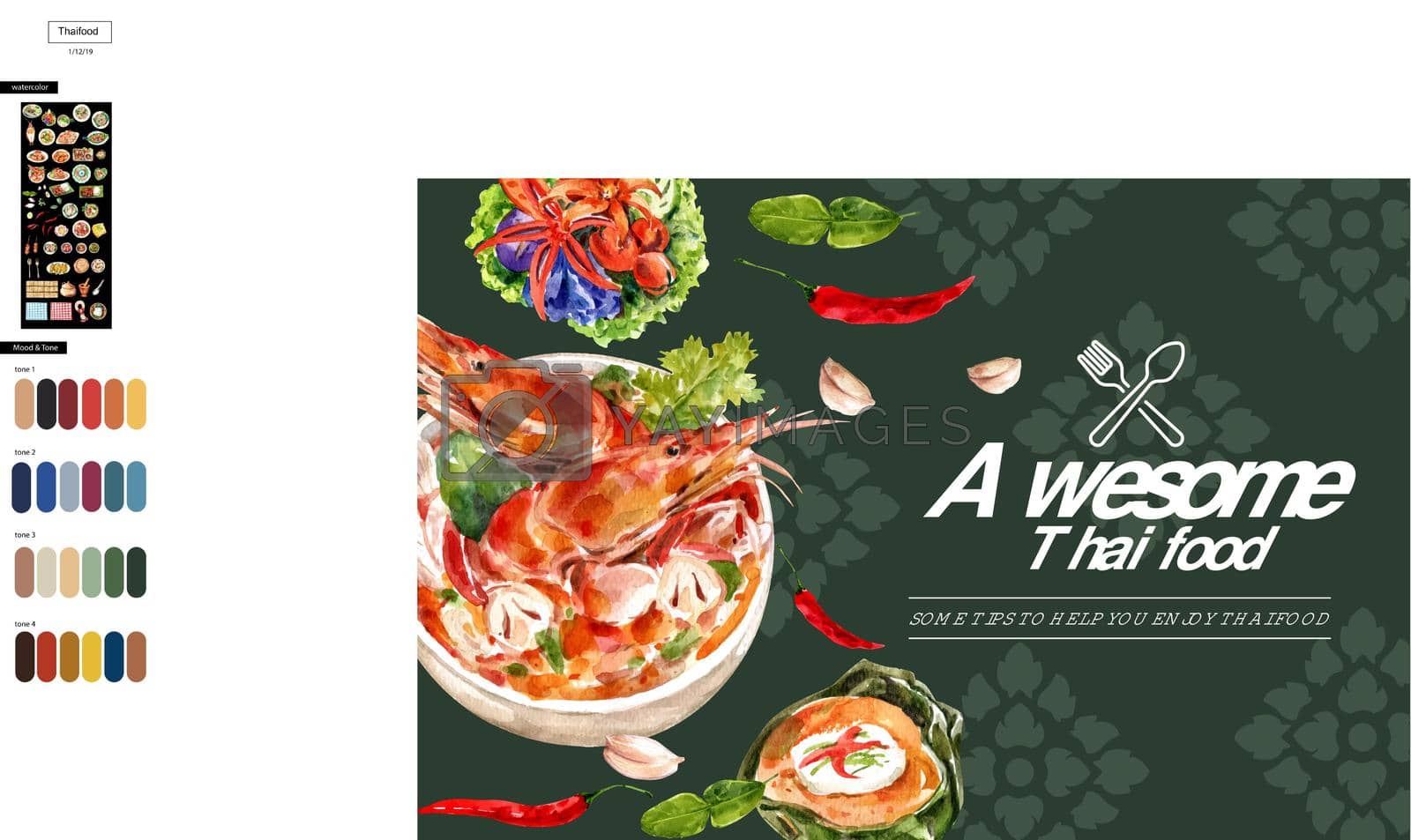 Thai food frame design with tom yum illustration watercolor. 