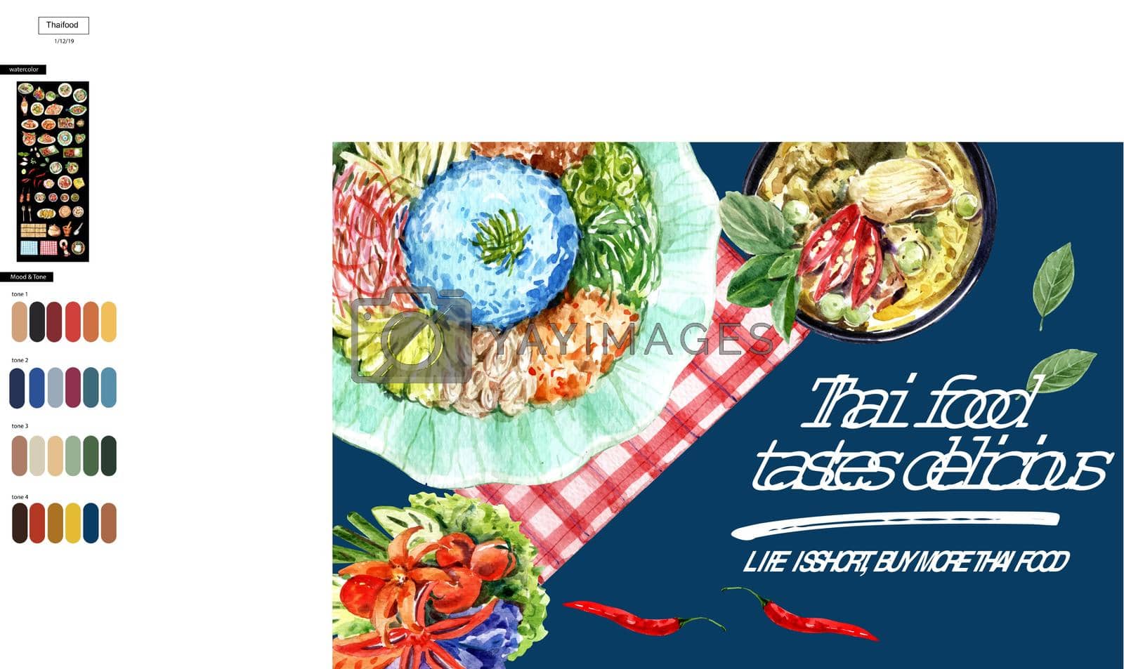 Royalty free image of Thai food frame design with dry rice salad, green curry illustration watercolor.  by Photographeeasia