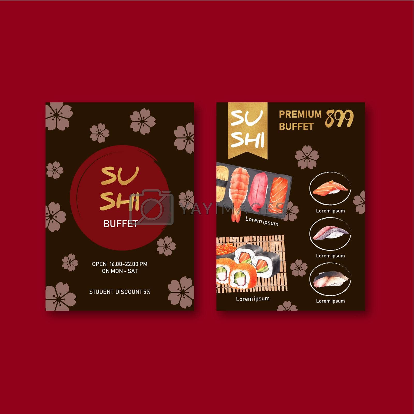 Royalty free image of Sushi menu collection design with sakura background and food watercolor graphic illustration. by Photographeeasia