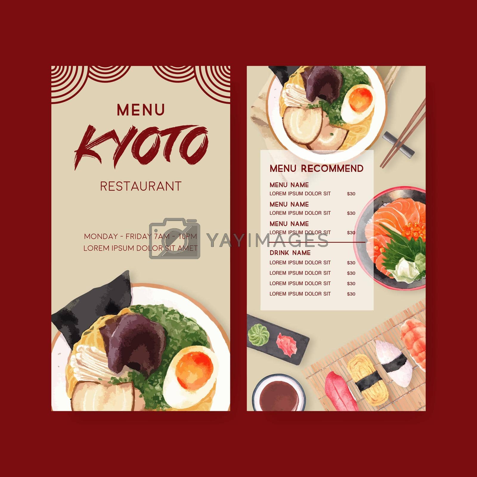 Royalty free image of Japanese Sushi, design with food watercolor illustrations. Contrast vector illustration. by Photographeeasia