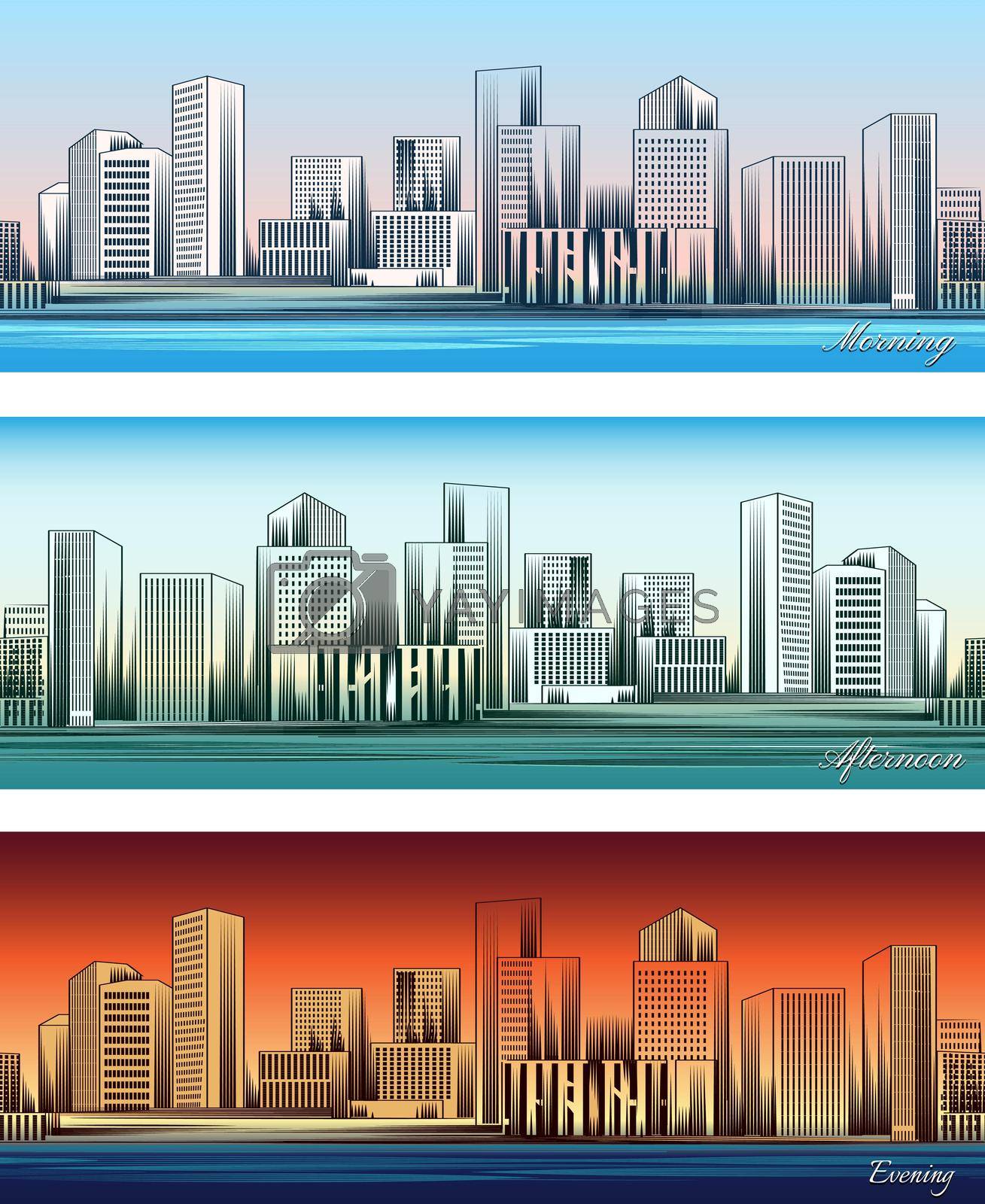 Set of city skylines in morning, afternoon and evening backgrounds seamless. Twilight and business district. Vector illustration