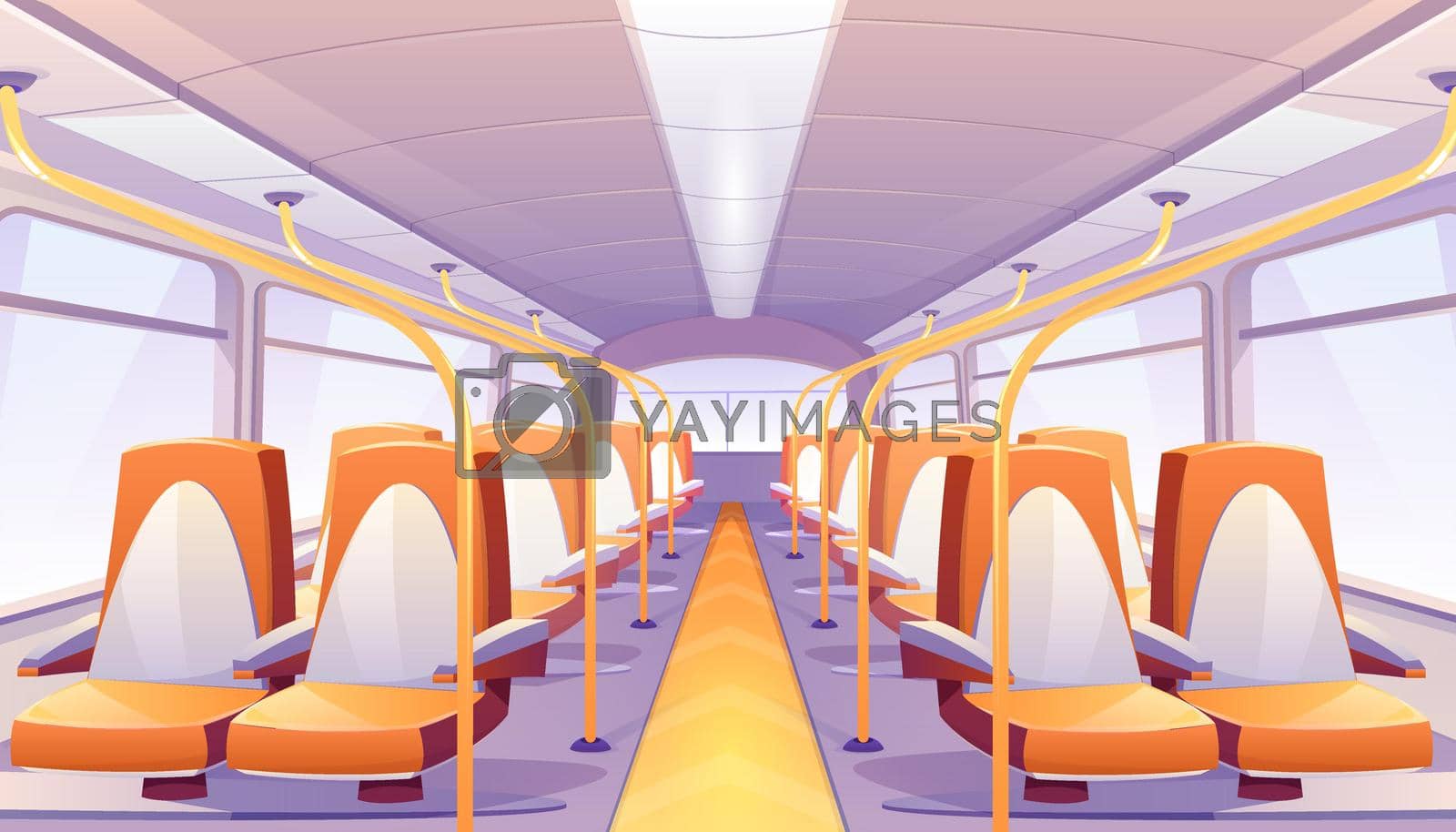Empty bus interior with orange seats. Vector cartoon passenger cabin of public city transport with comfortable chairs and handrails, school autobus, tram or train inside