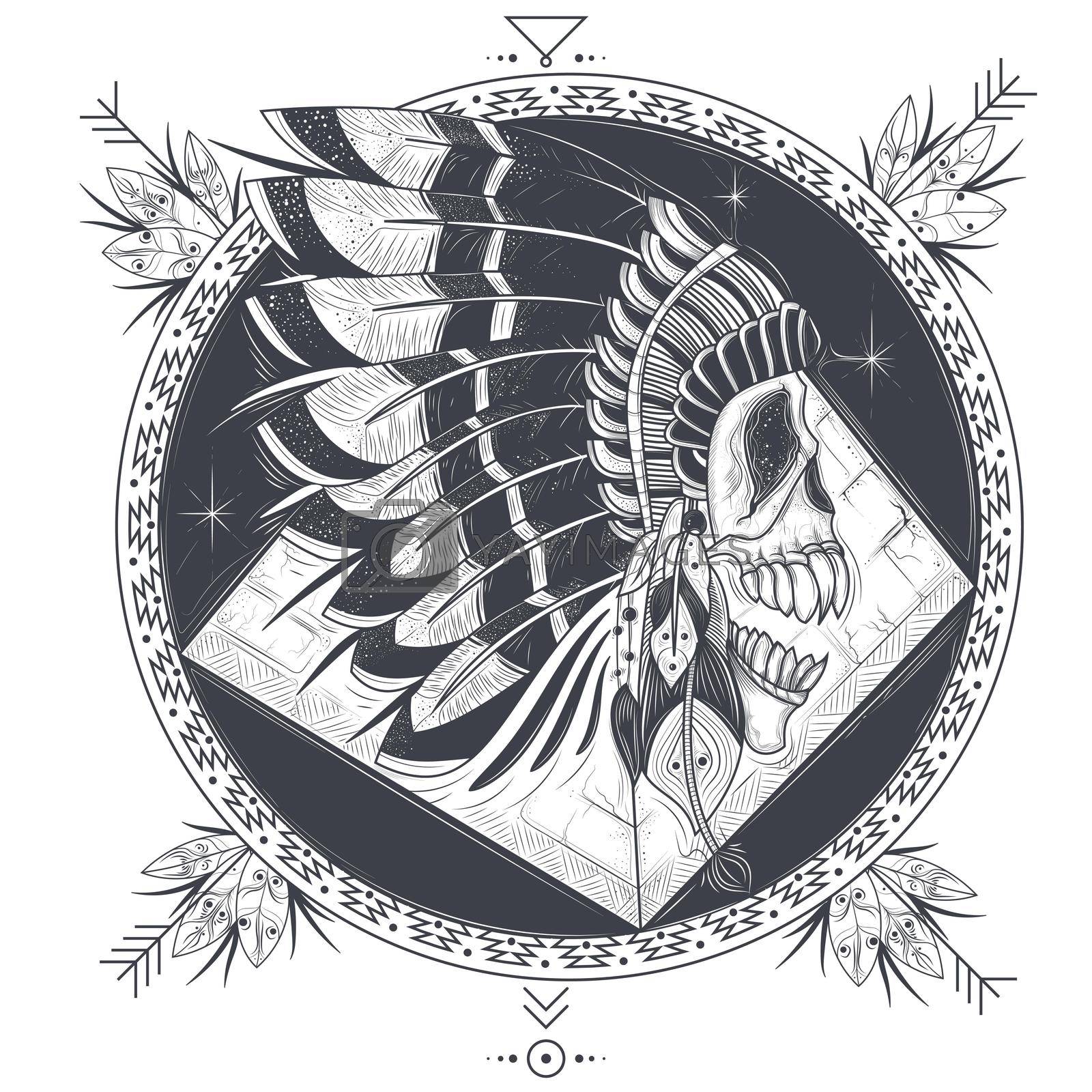 Royalty free image of Vector illustration of a template for a tattoo with a human skull in an indian feather hat. by vectorart