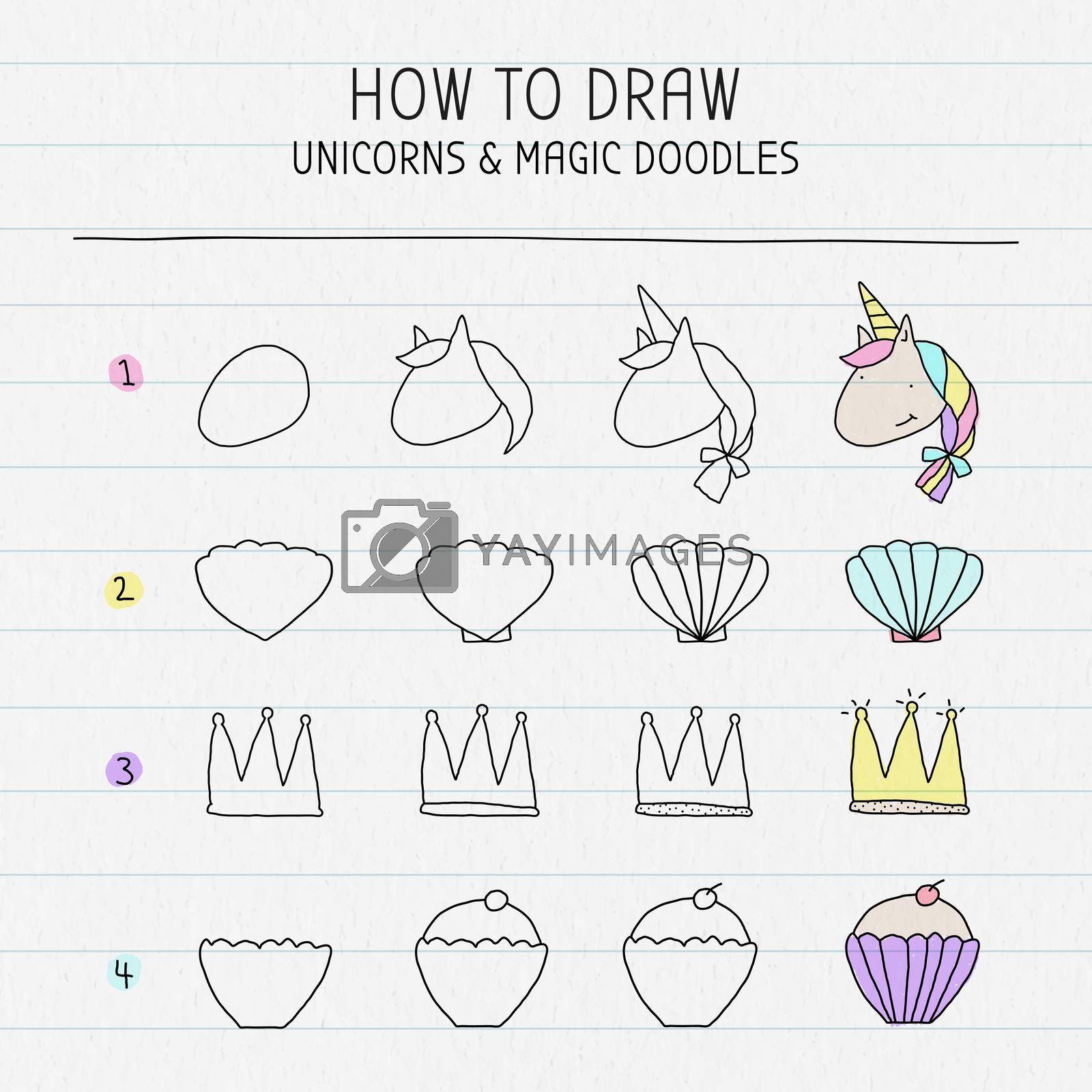 Royalty free image of How to draw unicorn and magic doodles tutorial vector by vectorart