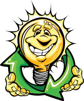 Happy Light Bulb with Hands Holding Recycle Symbol Cartoon Vecto