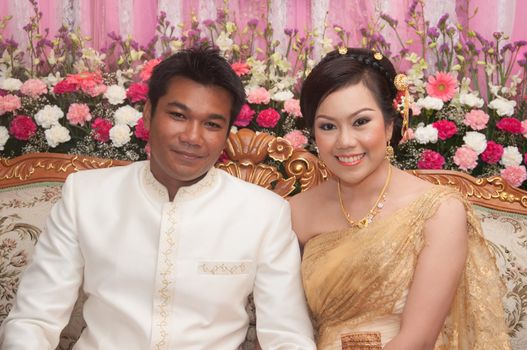 asian thai couple bride and bridegroom in thai wedding suit at w