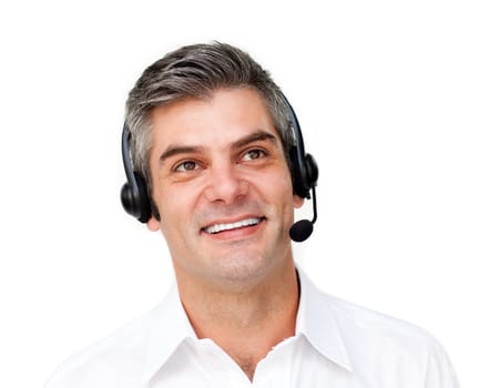 Happy businessman using headset isolated on a white background