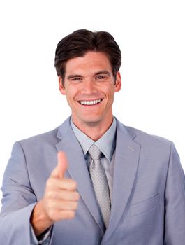 Fortunate businessman with thumb up 