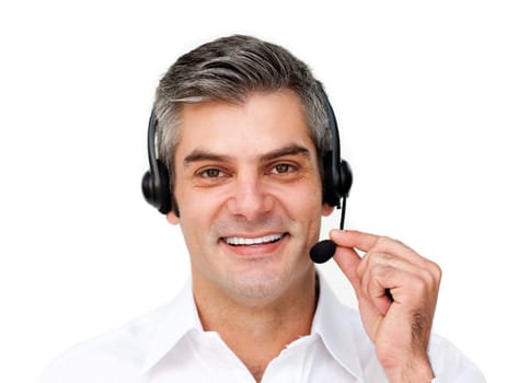 Mature businessman using headset isolated on a white background