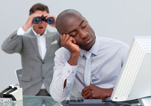 Asleep businessman annoyed by a man looking through binoculars