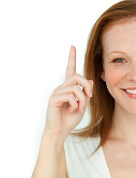 Positive businesswoman pointing