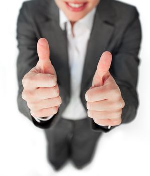 Close-up of a businesswoman with a thumbs up isolated on a white background