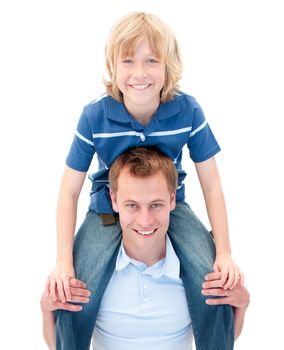 Close-up of father giving his son piggyback ride against a white background
