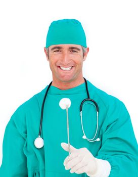 Successful surgeon holding surgical forceps