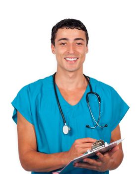 Assertive doctor holding a stethoscope