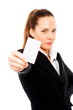 Young businesswoman holding sheets of paper on white background 