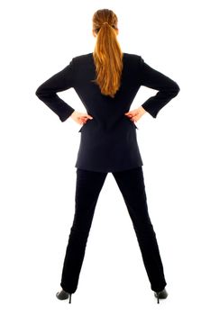 Young businesswoman standing back on white background studio