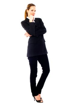 young businesswoman standing on white background studio