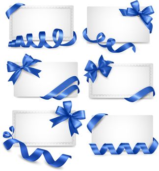 Set of gift card notes with blue bows with ribbons Vector