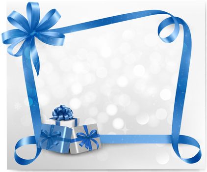 Holiday background with blue gift bow with gift boxes  illustration 
