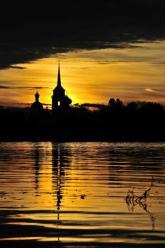 Silhouette Nikolo Medvedsky Monastery in sunset light