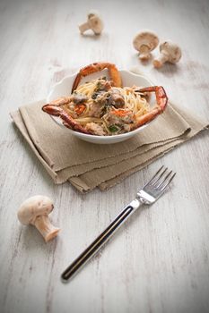 Spaghetti with crab and mushroom
