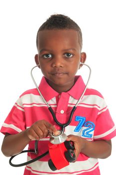Black African American child with stethoscope and car isolated metisse hair curly