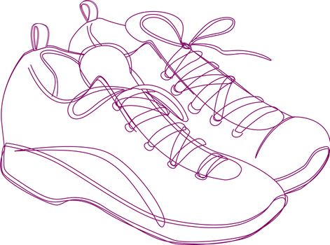Sketching of a pair of sneakers in purple lines.
