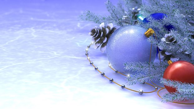 Happy New Year and Merry Christmas background with ice and decorations