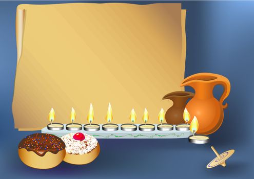 hanukkah background with candles, donuts, oil pitcher