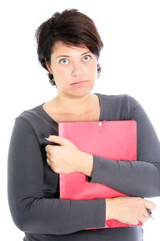 Exasperated, overworked woman clutching paperwork